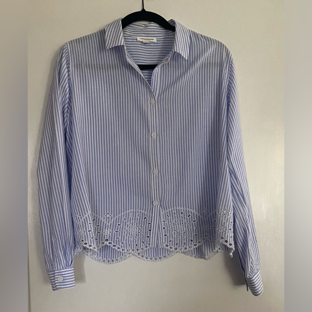 Striped Blue Eyelet Hem Button-Down Shirt